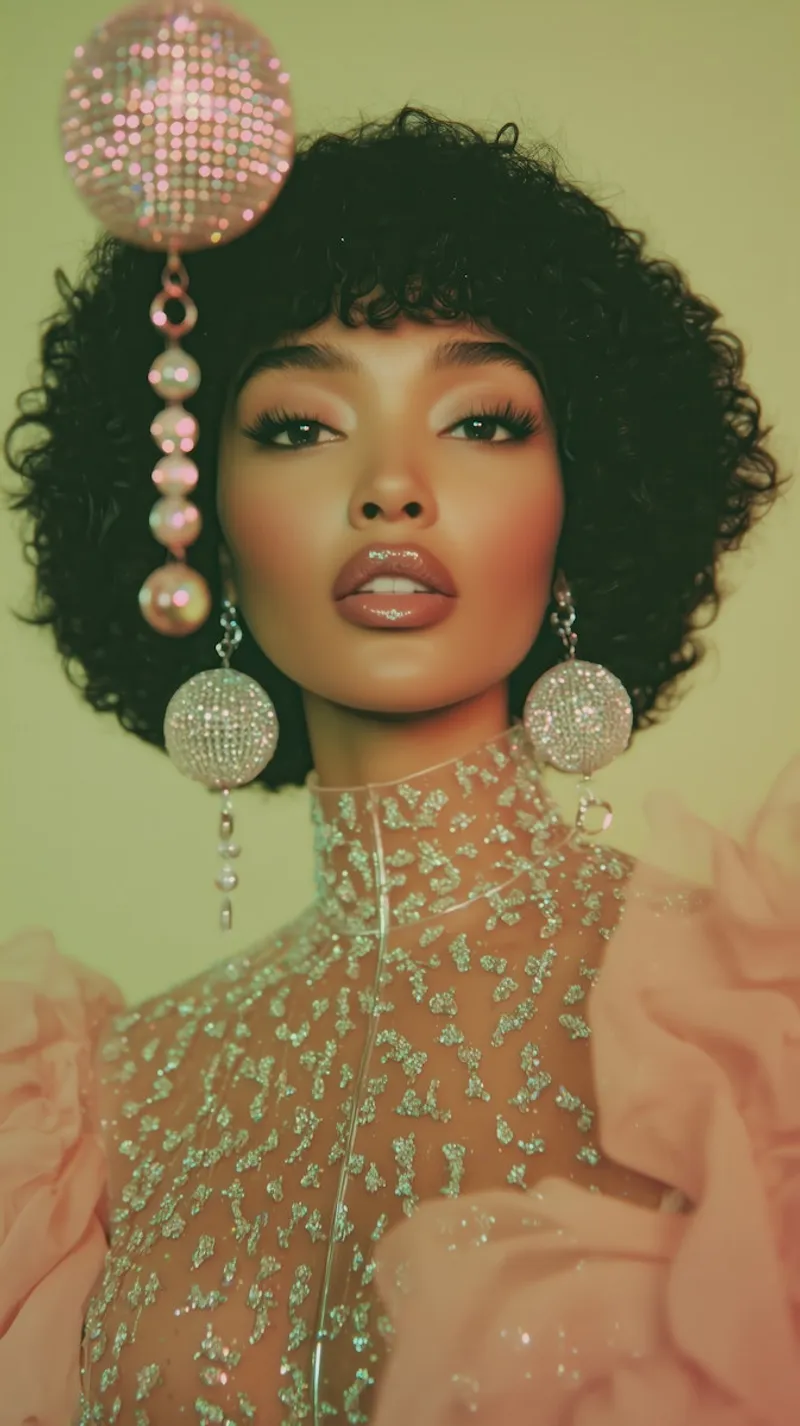 Woman in crystal bodysuit with disco earrings