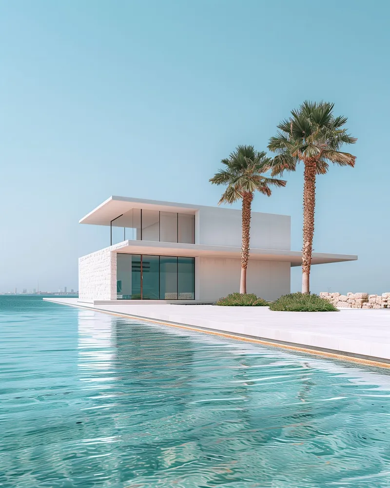Modern villa with palm trees and sea view